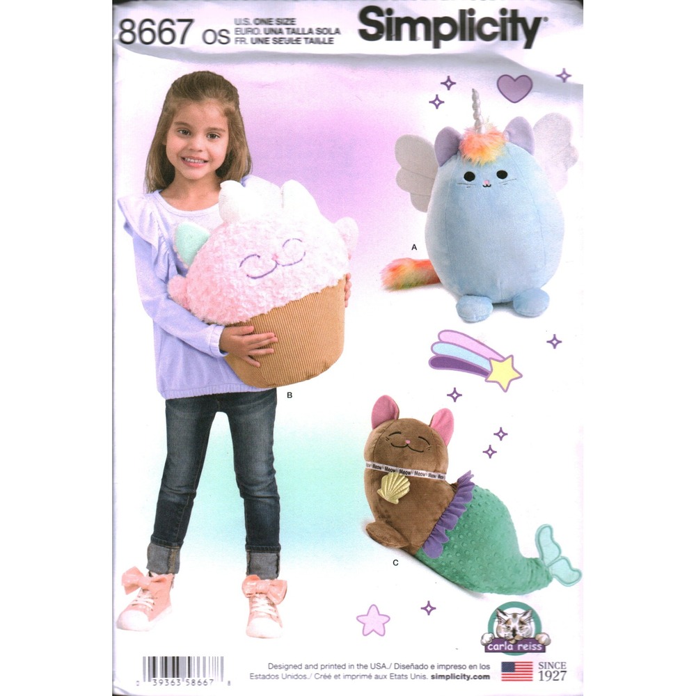 Simplicity 8667 Carla Reiss Stuffed Kitty Sewing Pattern Unicorn Cupcake Mermaid